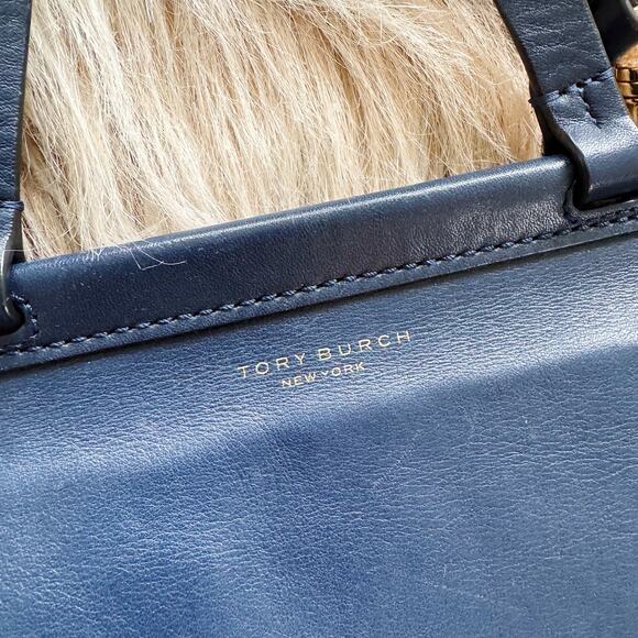 Tory Burch Royal Navy T Satchel Leather Structured Top Handle Bag - Picture 3 of 8